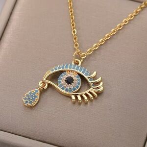 18K Gold Evil Eye Crying Tear Turquoise & Diamond Paved Pendant Necklace